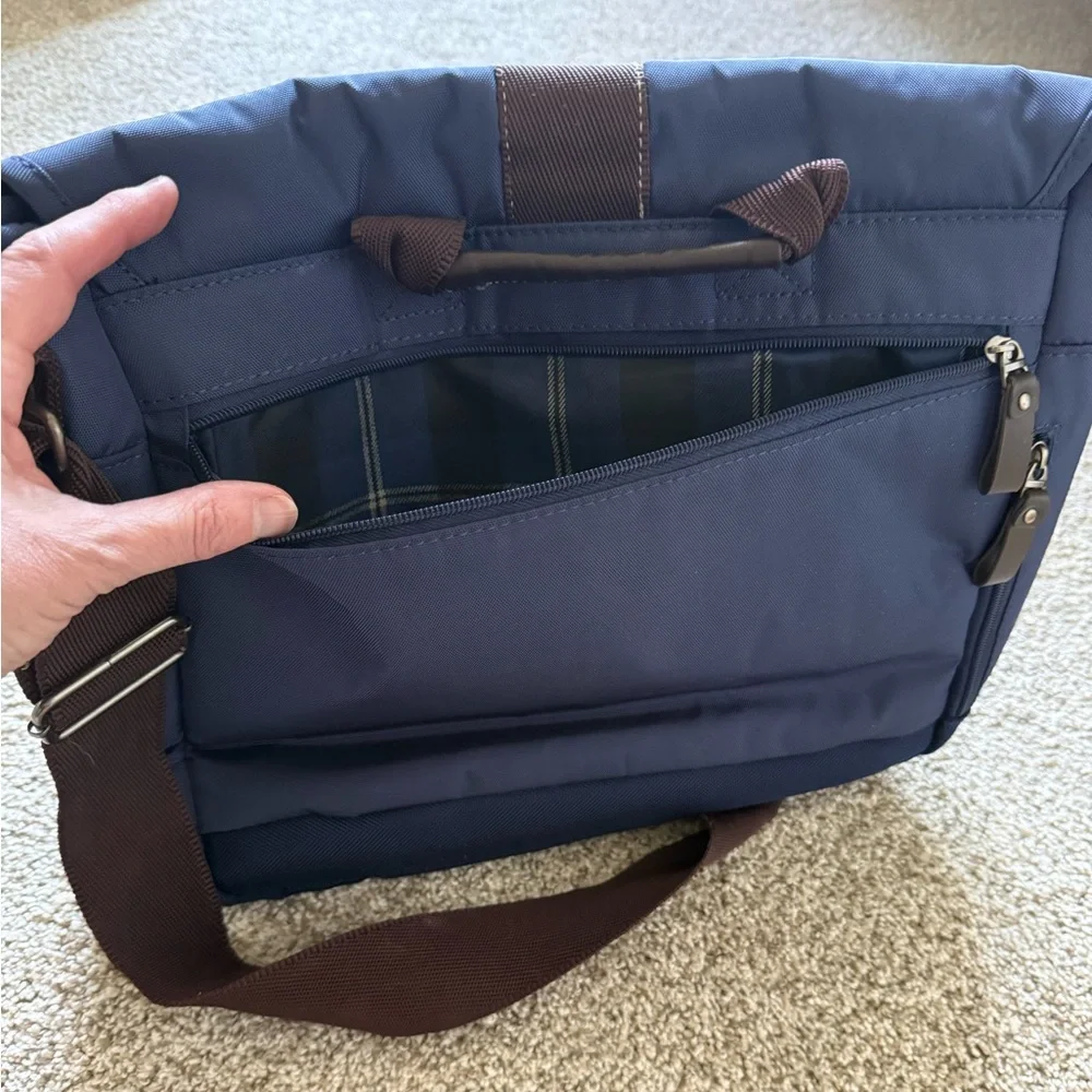G.H. Bass & Co. Navy Laptop Messenger Bag with Brown Strap